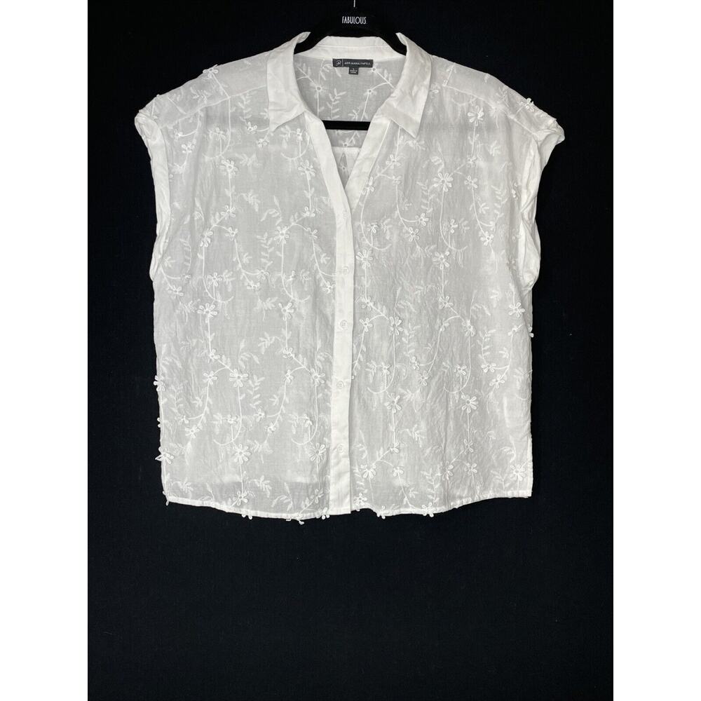 Adrianna Papell Top Blouse SZ Large White Floral Short Sleeve Dainty Cottagecore
